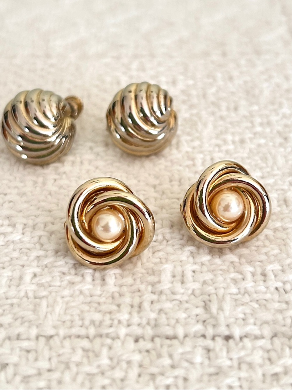 Vintage Gold Clip-On Earrings Bundle • Knot Pearl + Shell Swirl (2 Pairs)